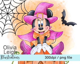 May include: A watercolor illustration of a cartoon mouse dressed as a witch, wearing a pink hat and cape, sitting on a large orange pumpkin. The background is a light orange with a black spiderweb and a black bat.