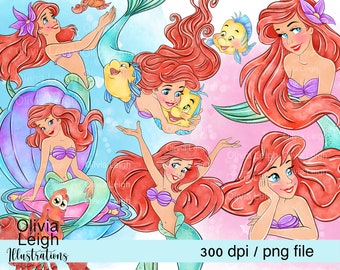 Set von Prinzessin Ariel Cute Clipart PNG-Dateien DIGITAL DOWNLOAD Kids Printable