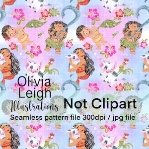 Cute Princess Moana Seamless Pattern. Digital Paper. DIGITAL DOWNLOAD  Printable