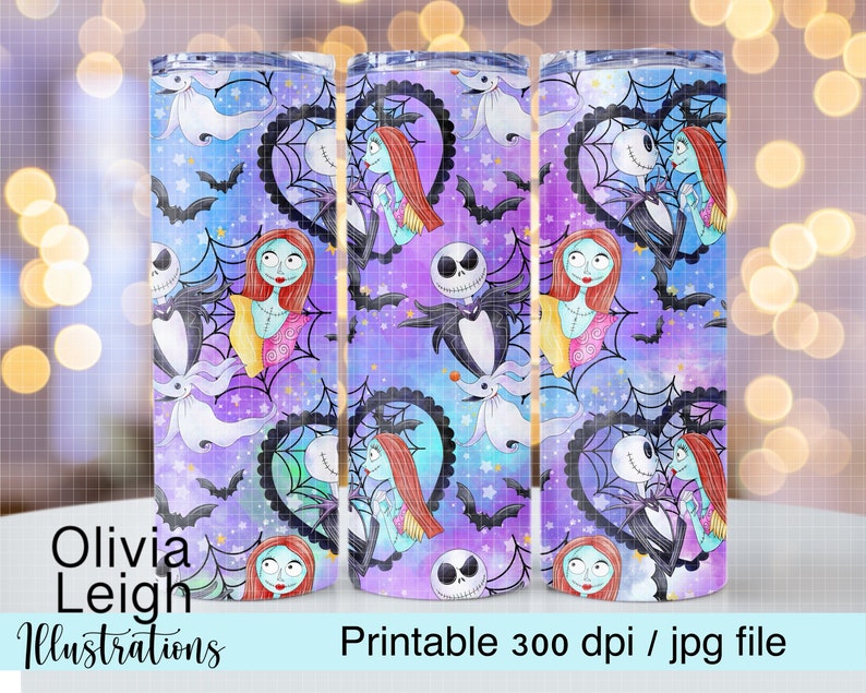 Jack And Sally, Christmas Nightmare, Halloween Cute Sublimation Design Cup Wrap DIGITAL DOWNLOAD 20oz Skinny Tumbler Design image 1