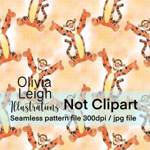 Peut inclure: Un motif sans couture représentant un personnage de tigre orange et noir de dessin animé avec un ventre jaune, souriant et faisant signe. L'arrière-plan est une aquarelle orange clair. Le texte "Olivia Leigh Illustrations Not Clipart Seamless pattern file 300dpi / jpg file" est en bas de l'image.