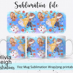 Taza de sublimación La Bella y la Bestia, Princesa, archivo PNG para taza de 11 oz, diseño de vaso para DESCARGA DIGITAL.