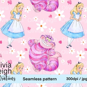 Alice In Wonderland Seamless Repeat Pattern. Digital Paper. DIGITAL DOWNLOAD Printable
