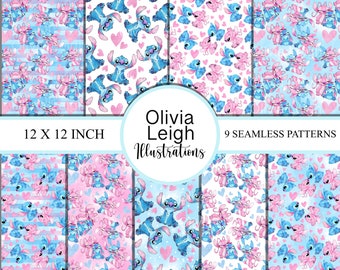 Set Of 9 Cute Lilo And Stitch Seamless Patterns. Digital Paper. DIGITAL DOWNLOAD Children's  Printable