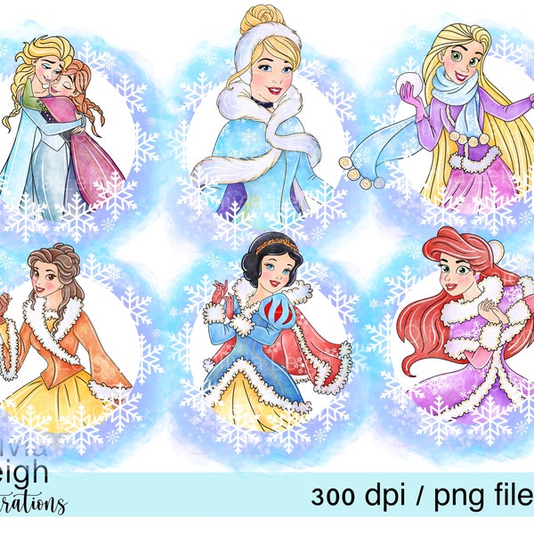 Set von Prinzessin Belle, Aschenputtel, Schneewittchen, Rapunzel, Elsa und Anna, niedliche Clipart PNG-Dateien DIGITAL DOWNLOAD Kommerzielle Nutzung Printable
