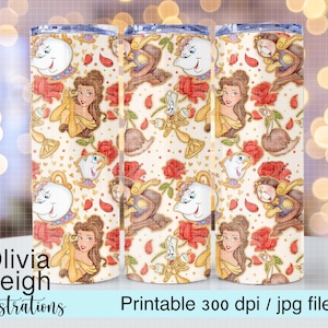 Principessa Belle, La bella e la bestia, design carino per sublimazione, tazza con design a tumbler sottile da 20 once, DOWNLOAD DIGITALE