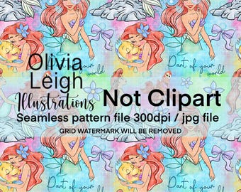 May include: Seamless pattern featuring illustrations of a mermaid with red hair, holding a magnifying glass, and embracing a yellow fish. The design includes text that reads "Olivia Leigh Illustrations Not Clipart". The background is a colorful mix of blues, pinks, and purples.