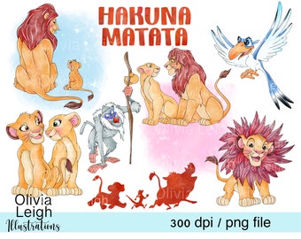 Puede incluir: Un conjunto de ilustraciones digitales con personajes de la película de Disney El Rey León. Las ilustraciones incluyen a Simba, Nala, Mufasa, Zazu y Pumbaa. Las ilustraciones están en estilo acuarela y son perfectas para usar en scrapbooking digital, creación de tarjetas y otros proyectos creativos.