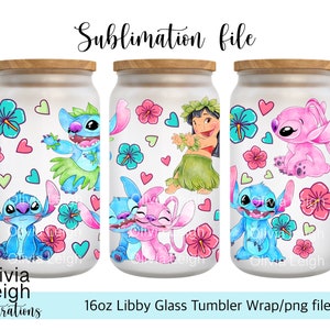 Cute Lilo And Stitch PNG File DIGITAL DOWNLOAD 16oz Glass Tumbler Design image 1