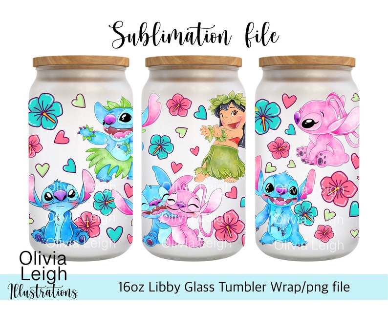 Cute Lilo And Stitch PNG File DIGITAL DOWNLOAD 16oz Glass Tumbler Design image 1