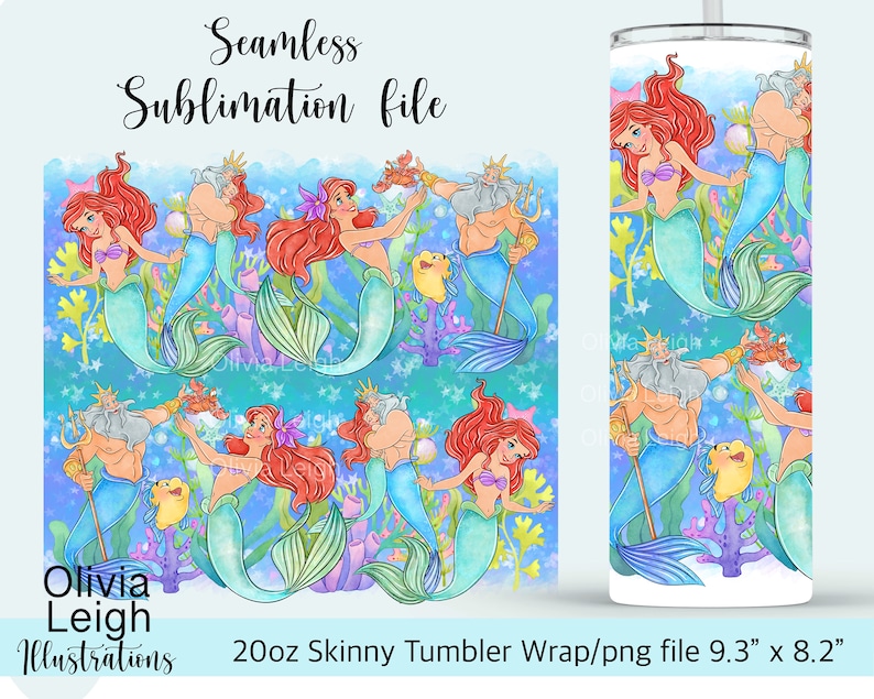 Princess Ariel the Little Mermaid Sublimation Design Wrap PNG File DIGITAL DOWNLOAD 20oz Skinny Tumbler Cup Design image 1