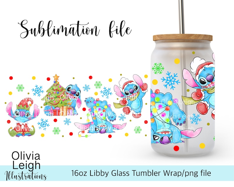Cute Stitch Christmas. PNG Arquivo DOWNLOAD DIGITAL 16oz Copo de Vidro Tumbler Wrap Design imagem 2