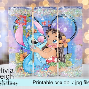May include: A tumbler featuring a colorful illustration of Lilo and Stitch embracing, set against a heart-shaped background with floral accents. The design includes the text "Olivia Leigh Illustrations" and "Printable 300 dpi / jpg file".