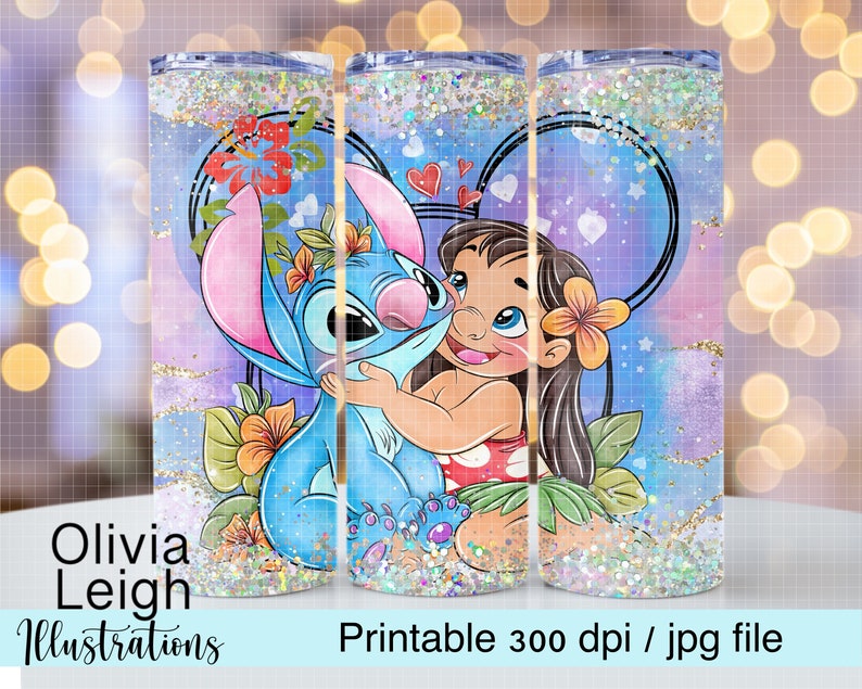 May include: A tumbler featuring a colorful illustration of Lilo and Stitch embracing, set against a heart-shaped background with floral accents. The design includes the text "Olivia Leigh Illustrations" and "Printable 300 dpi / jpg file".