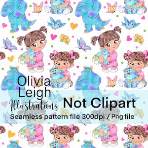 Monsters Inc Boo Floral niedliches nahtloses Muster. Digitales Papier. DIGITALER DOWNLOAD Printable. Transparente Png-Datei.