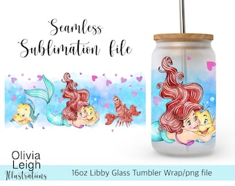 Princess Ariel The Little Mermaid Sublimation Wrap PNG File DIGITAL DOWNLOAD 16oz Glass Tumbler Design