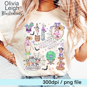 Mickey, Minnie y sus amigos, Mansión Embrujada, Halloween, Marco PNG con lazo, Diseño de camiseta estilo coqueto con medallón. DESCARGA DIGITAL.