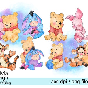 Set Of Baby Winnie The Pooh, Piglet, Eeyore And Tigger Clipart PNG Files DIGITAL DOWNLOAD Printable