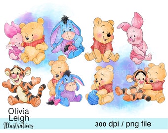 Set Of Baby Winnie The Pooh, Piglet, Eeyore And Tigger Clipart PNG Files DIGITAL DOWNLOAD Printable