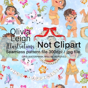Op de afbeelding: Een naadloos patroon met verschillende cartoonfiguren, waaronder een varken, een haan en een meisje met bruin haar. Het patroon is geplaatst op een lichtblauwe achtergrond met witte wolken. De tekst "Olivia Leigh Illustrations Not Clipart" wordt in het midden van het patroon weergegeven. De tekst "Seamless pattern file 300dpi/jpg file" wordt onder de tekst "Olivia Leigh Illustrations Not Clipart" weergegeven. De tekst "GRID WATERMARK WILL BE REMOVED" wordt onder de tekst "Seamless pattern file 300dpi/jpg file" weergegeven. De tekst "FIND HAPPINESS" wordt weergegeven in een banner onderaan het patroon.