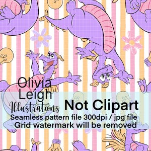 Puede incluir: Patrón sin costuras con un personaje de dragón morado, detalles rosas, flores y bombillas sobre un fondo a rayas. También está presente el texto "Olivia Leigh Illustrations Not Clipart".