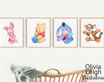 Set Of Four Baby Winnie The Pooh, Eeyore, Piglet And Tigger Children's Art Print-Watercolour Wall Art DIGITAL DOWNLOAD Printable