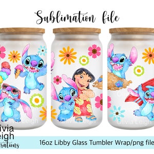 Lindo archivo PNG de Lilo y Stitch Summer DESCARGA DIGITAL Diseño de vaso de vidrio de 16 oz imagen 1
