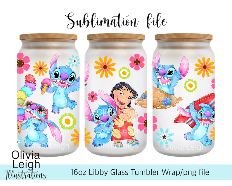 Lindo archivo PNG de Lilo y Stitch Summer DESCARGA DIGITAL Diseño de vaso de vidrio de 16 oz imagen 1