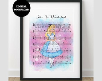 Alice In Wonderland Music Sheet Print-Wall Art-Gift Printable DIGITAL DOWNLOAD