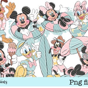 Mickey, Minnie y sus amigos: Verano, playa, piscina, lindo conjunto de imágenes prediseñadas pastel, archivos PNG dibujados a mano, descarga digital