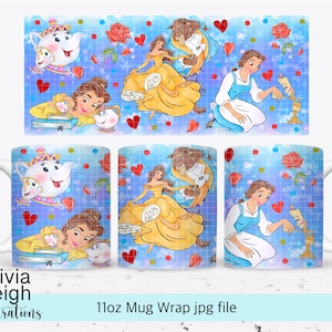 La bella e la bestia, la principessa Belle, file PNG per tazza da 11 once, DOWNLOAD DIGITALE, design della tazza tumbler.