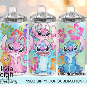 May include: Three 12oz sippy cups with colorful designs featuring the characters Stitch and Angel from Lilo & Stitch. The cups have a floral background and the text "Olivia Leigh Illustrations". The text "Cup Not Included" is also visible.