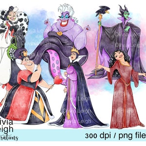 Set Of Princess Villain's Evil Queen, Ursula, Cruella De Vil, Maleficent, Cute Clipart PNG Files DIGITAL DOWNLOAD Printable
