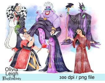 Set Of Princess Villain's Evil Queen, Ursula, Cruella De Vil, Maleficent, Cute Clipart PNG Files DIGITAL DOWNLOAD Printable