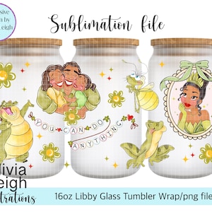Archivo PNG de envoltura de sublimación de la Princesa Tiana, descarga digital, diseño de vaso de vidrio de 16 oz, imprimible con UV-DTF.