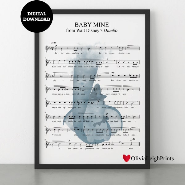 Dumbo Baby Mine Sheet Music Print-Wall Art-Gift-Nursery DIGITAL DOWNLOAD Printable