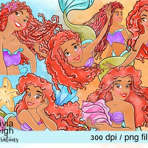 Ensemble de fichiers PNG mignon clipart princesse Ariel TÉLÉCHARGEMENT NUMÉRIQUE Imprimable pour les enfants