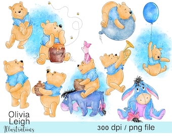 Może przedstawiać: Zestaw 10 cyfrowych ilustracji przedstawiających postacie Winnie the Pooh i Prosiaczka w różnych pozach. Postacie są przedstawione w stylu akwarelowym z niebieskimi i żółtymi akcentami. Ilustracje idealnie nadają się do projektów rękodzielniczych, scrapbookingu i projektowania cyfrowego.