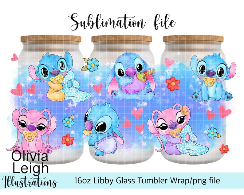 Cute Baby Stitch And Angel Cup Wrap Png File DIGITAL DOWNLOAD 16oz Glass Tumbler Design For UVDTF printing. image 1