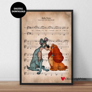 Lady And The Tramp Bella Notte Music Sheet Hand Drawn Print-Wall Art-Gift DIGITAL DOWNLOAD Printable
