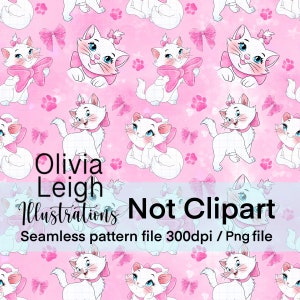 Op de afbeelding: Een naadloos patroon met een witte kat met roze strikken op een roze achtergrond. Het patroon bevat ook poot afdrukken en strikken. De tekst "Olivia Leigh Illustrations Not Clipart Seamless pattern file 300dpi / Png file" staat onderaan de afbeelding.