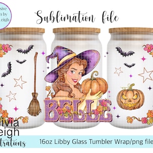 Princesse Belle, Halloween sorcière sublimation Wrap fichier PNG TÉLÉCHARGEMENT NUMÉRIQUE 16 oz verre design imprimable Uv-dtf