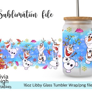 La Reine des neiges Olaf bonhomme de neige Noël Sublimation Wrap fichier PNG TÉLÉCHARGEMENT NUMÉRIQUE Gobelet en verre 16 oz Design imprimable Uv-dtf