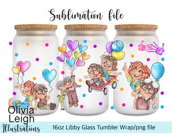 Carl And Ellie Up Cup Wrap Png File DIGITAL DOWNLOAD 16oz Glass Tumbler Design For UVDTF printing.