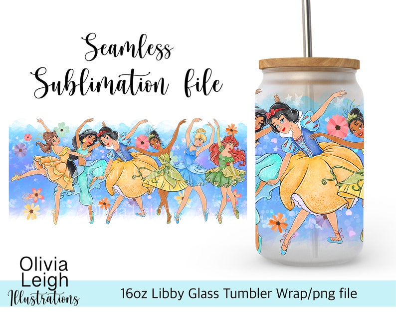 Princess Snow White, Jasmine, Tiana, Ariel And Belle Wrap PNG File DIGITAL DOWNLOAD 16oz Glass Tumbler Design image 1