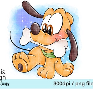 Op de afbeelding: Een cartoonillustratie van een bruine en oranje hond met grote bruine ogen, een roze neus en een wit bot in zijn bek. De hond staat op een blauwe en witte achtergrond met witte sterren.