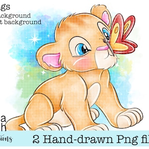 May include: A hand-drawn illustration of a lion cub with a butterfly. The cub is light brown with blue eyes and pink ears. A red, orange, and yellow butterfly rests on its nose. The image includes the text "2 Hand-drawn Png files".