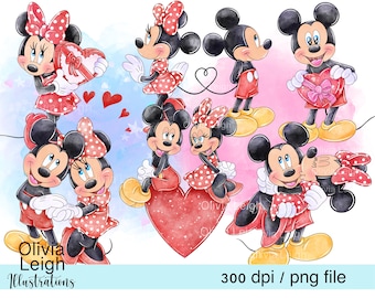 Mickey And Minnie Mouse Love Cute Clipart Set, Valentines Day PNG Files Includes Free Bookmarks DIGITAL DOWNLOAD Printable.