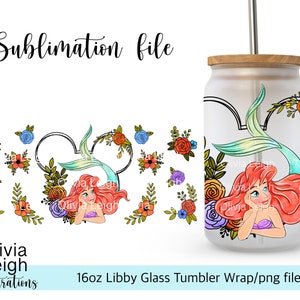 Princess Ariel Mermaid Cup Wrap Png File DIGITAL DOWNLOAD 16oz Glass Tumbler Design For UVDTF printing. image 2