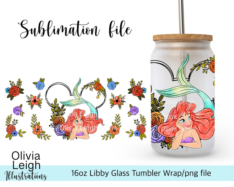 Princess Ariel Mermaid Cup Wrap Png File DIGITAL DOWNLOAD 16oz Glass Tumbler Design For UVDTF printing. image 2